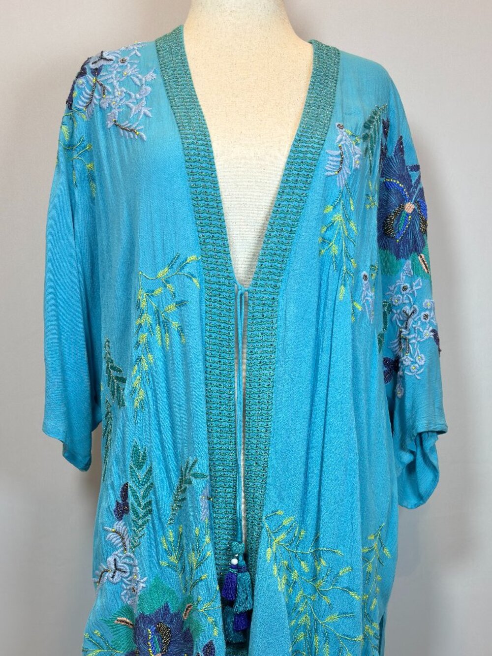 Chico’s Special Edition Embroidered Beaded Turquoise Ruana Duster Kimono S/M - Picture 3 of 16